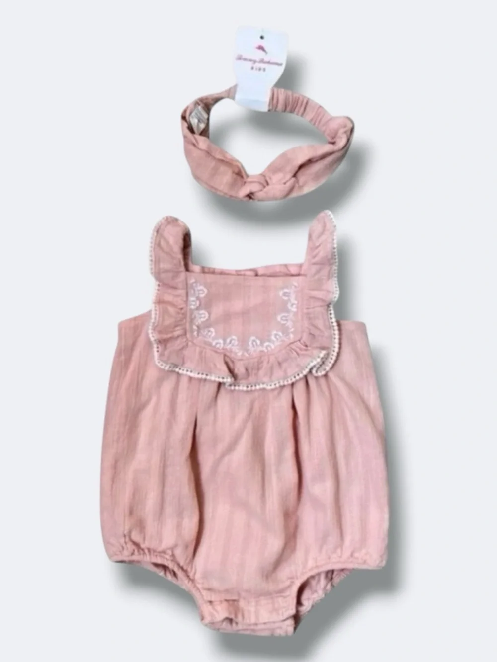 Tommy Bahama Romper Baby Girl 6-9M Pink Gauze Embroidered Bubble Headband